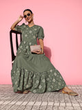 Yufta Olive Green Maxi Dress | Grocsy