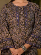 Yufta Olive Pure Cotton Paisley Print Pakistani Style Kurta And Trousers With Dupatta Set | Grocsy