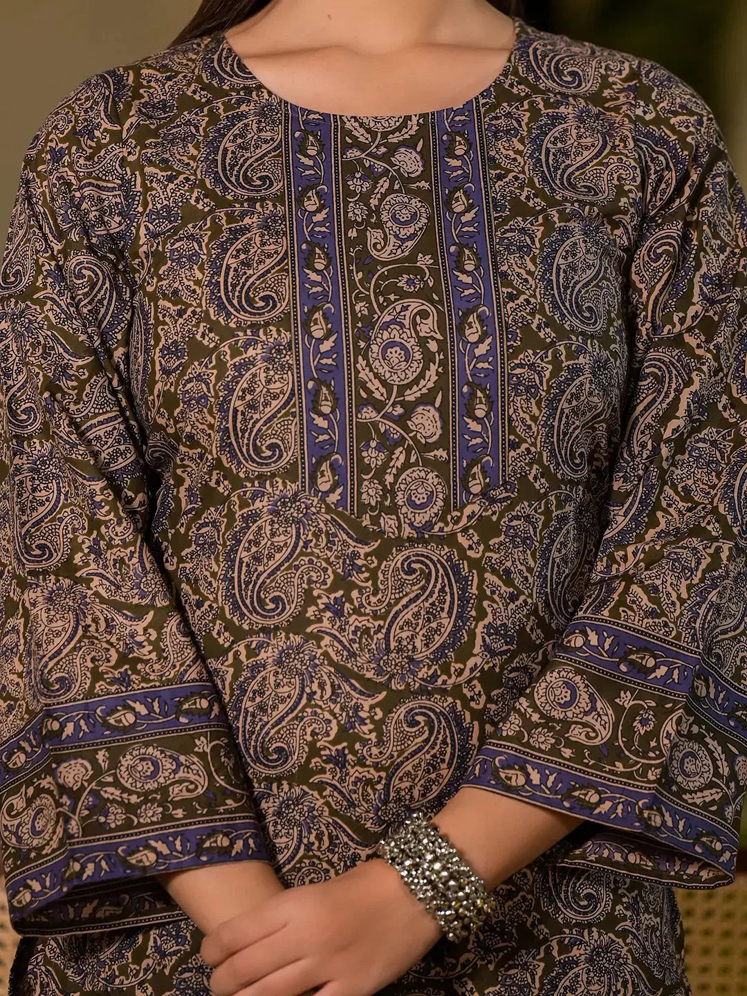Yufta Olive Pure Cotton Paisley Print Pakistani Style Kurta And Trousers With Dupatta Set | Grocsy