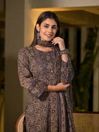 Yufta Olive Pure Cotton Paisley Print Pakistani Style Kurta And Trousers With Dupatta Set | Grocsy