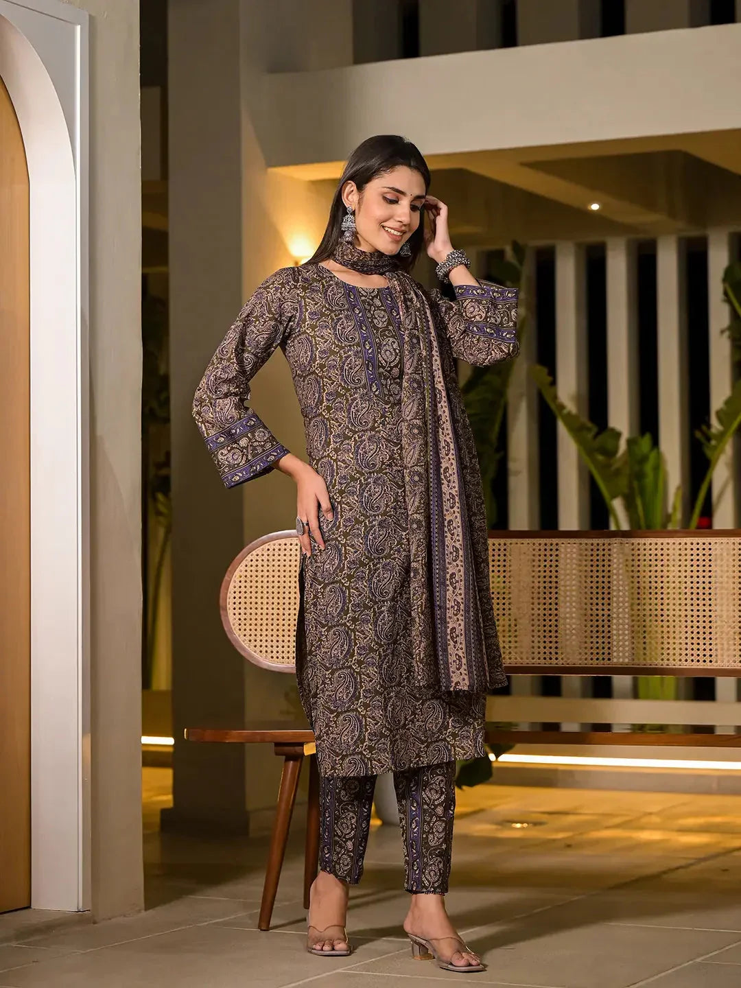 Yufta Olive Pure Cotton Paisley Print Pakistani Style Kurta And Trousers With Dupatta Set | Grocsy