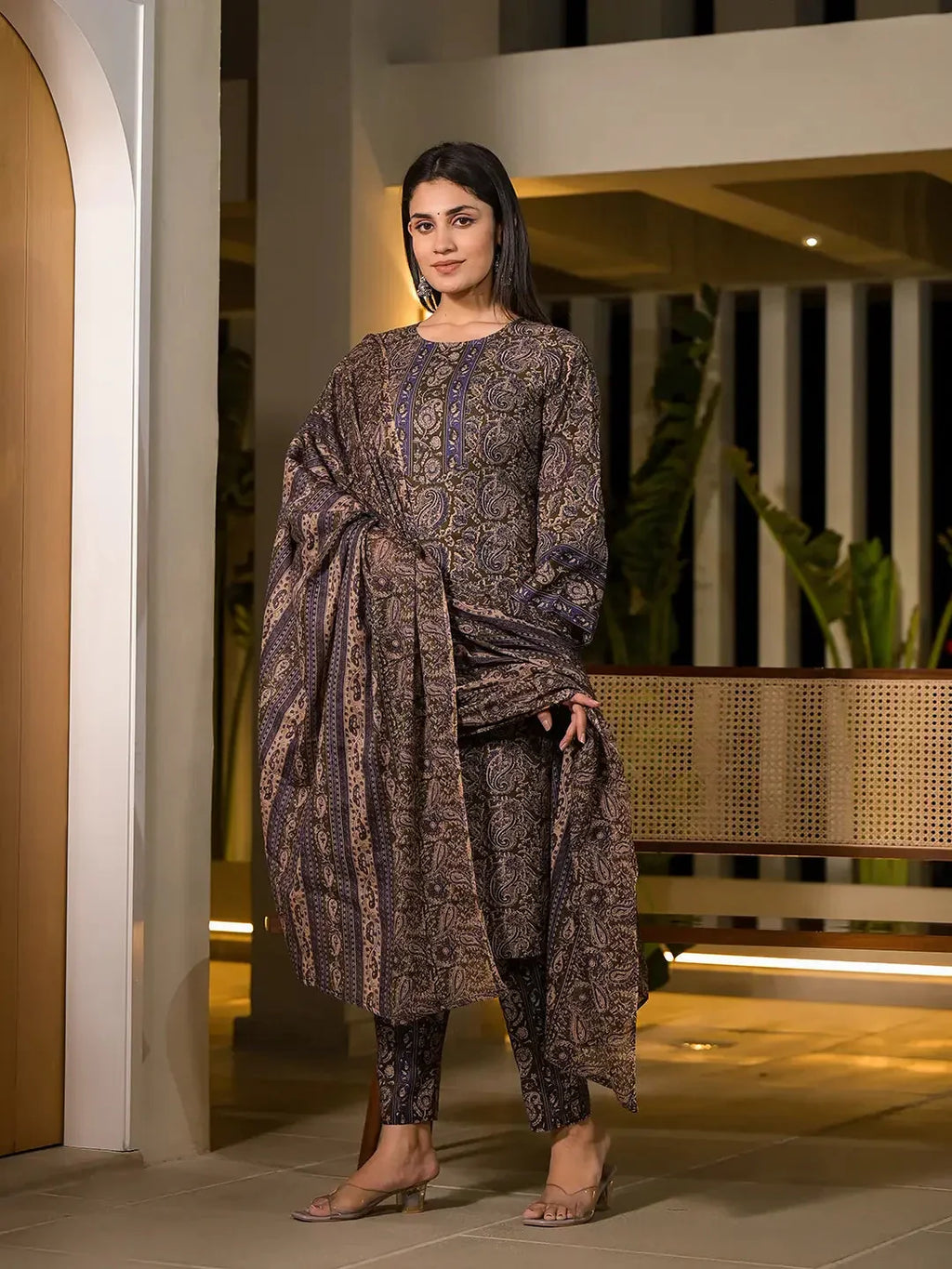 Yufta Olive Pure Cotton Paisley Print Pakistani Style Kurta And Trousers With Dupatta Set | Grocsy