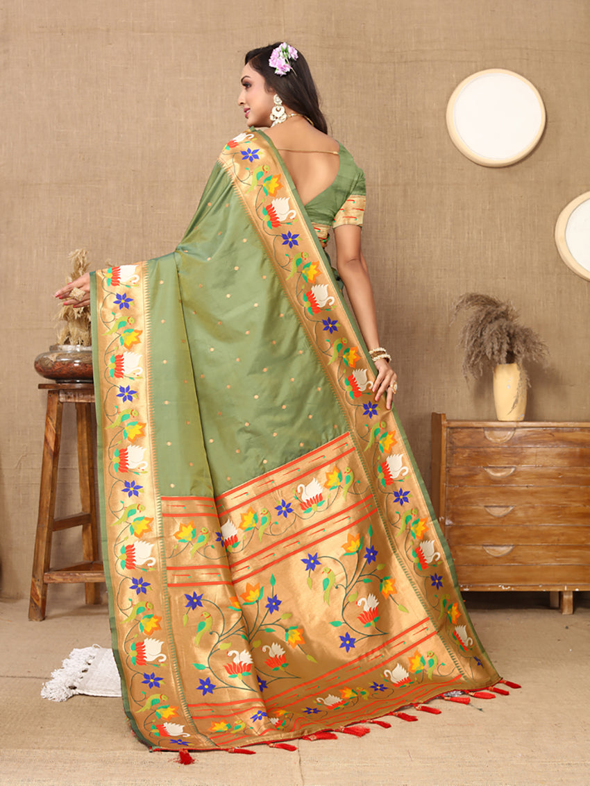 Lorenvalley Fashion Olive Soft Paithani Silk Woven Design Rich Zari Meenakari Weaving Saree | Grocsy