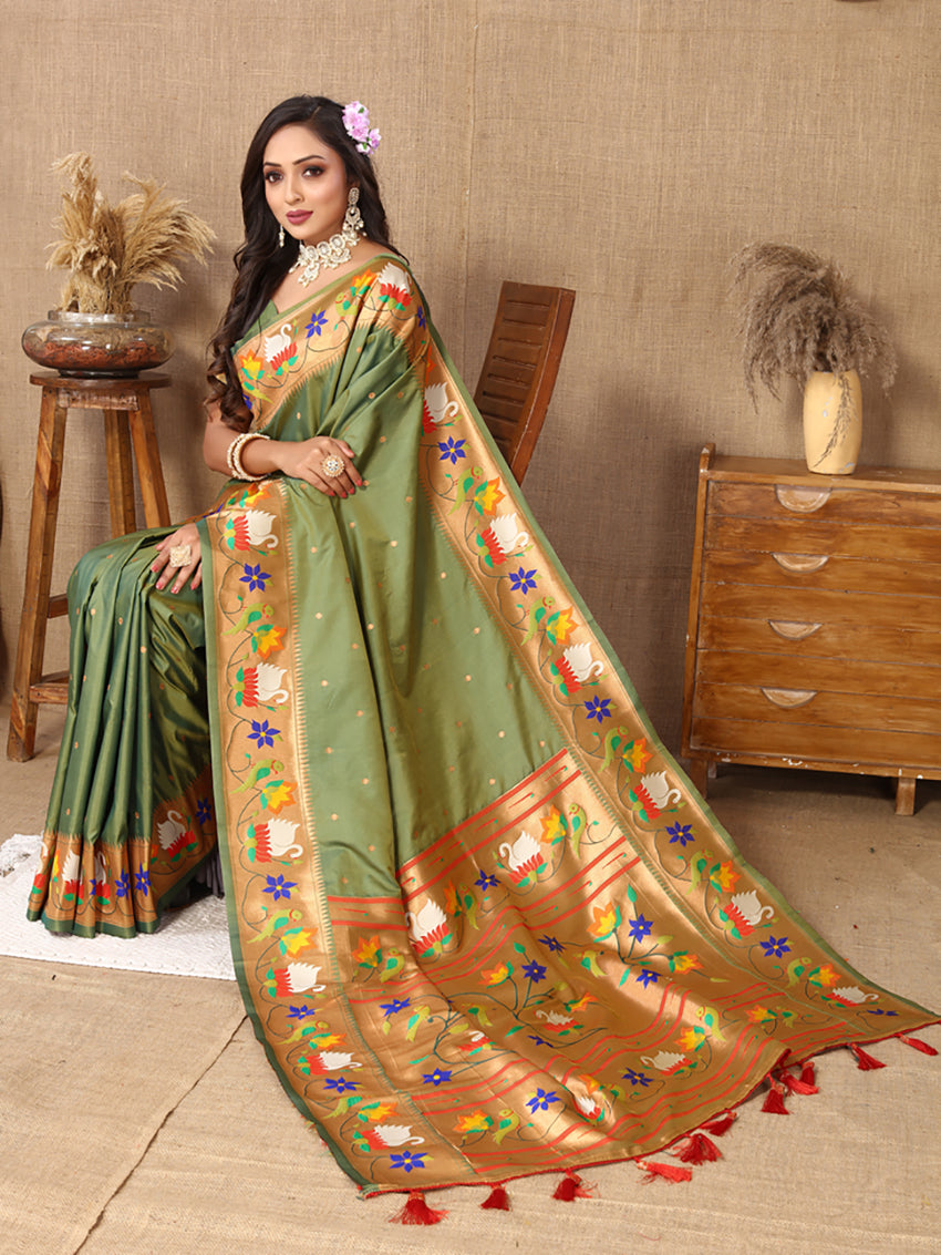 Lorenvalley Fashion Olive Soft Paithani Silk Woven Design Rich Zari Meenakari Weaving Saree | Grocsy