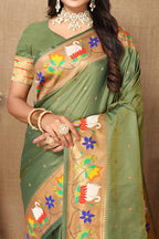 Lorenvalley Fashion Olive Soft Paithani Silk Woven Design Rich Zari Meenakari Weaving Saree | Grocsy