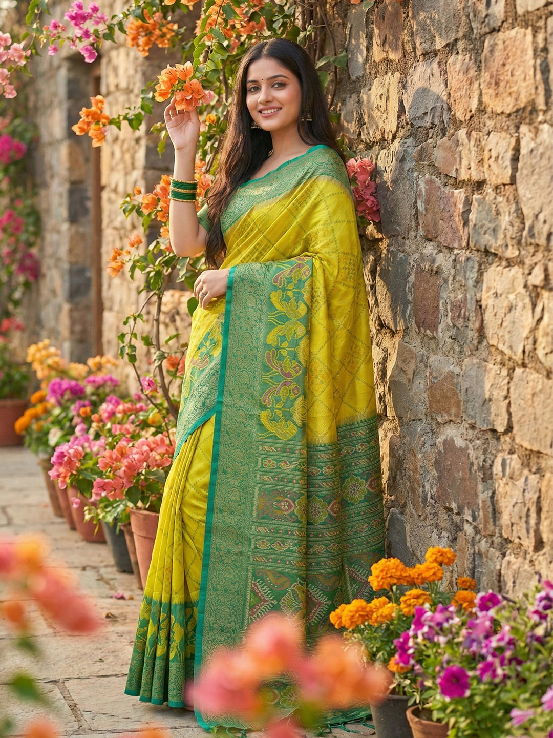 Anaita Olive Pochampally Printed Saree With Blouse | Grocsy
