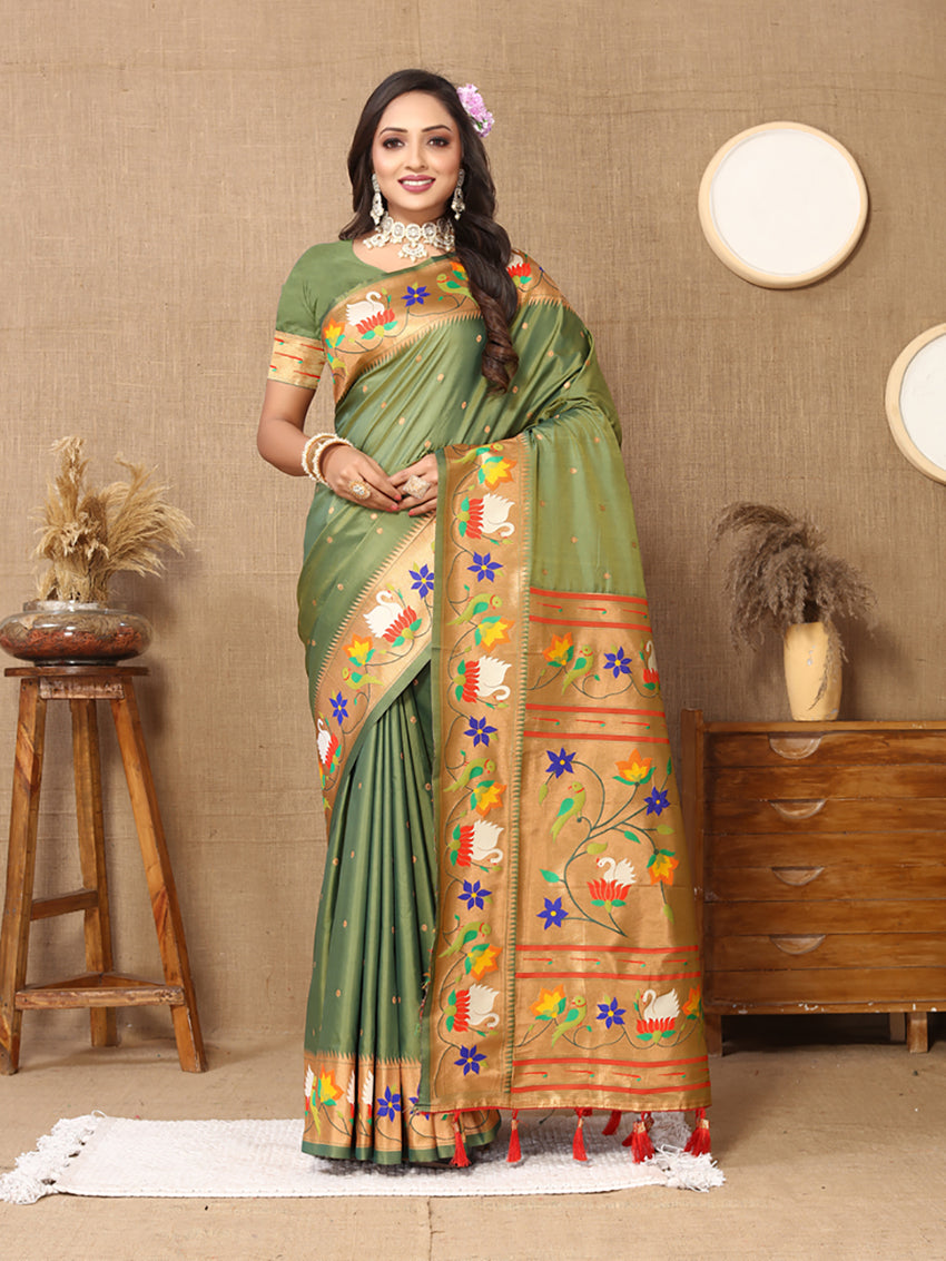 Lorenvalley Fashion Olive Soft Paithani Silk Woven Design Rich Zari Meenakari Weaving Saree | Grocsy