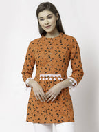 Myshka Women Orange Pure Cotton Printed 3/4 Sleeve Round Casual Tunic | Grocsy