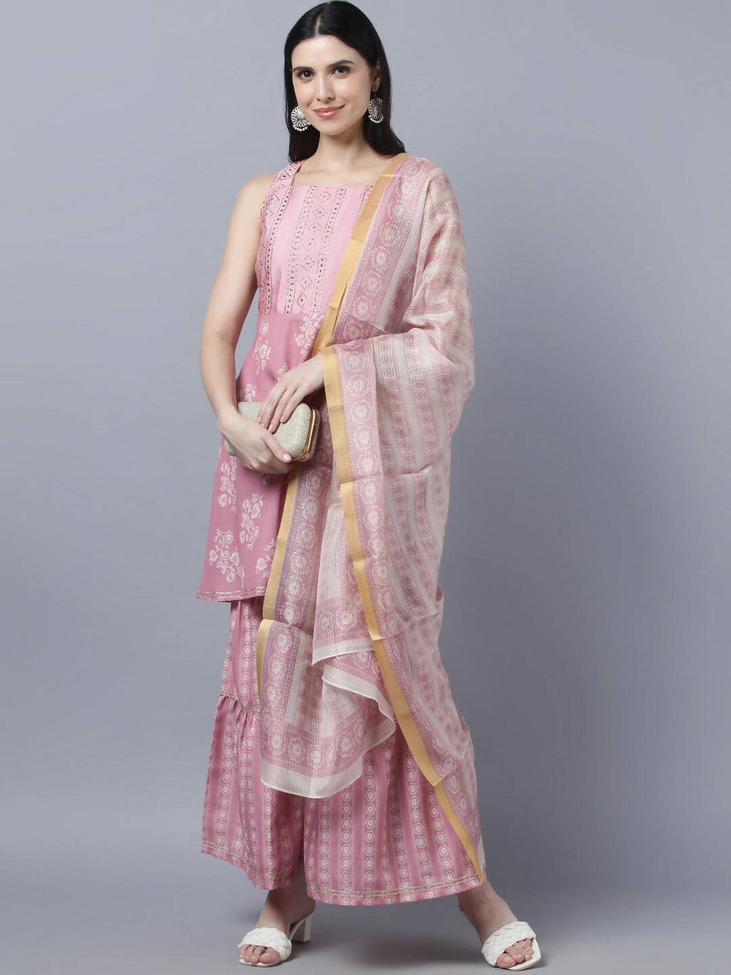 Myshka Women Peach-Coloured White Floral Printed Kurta with Sharara With Dupatta Set | Grocsy