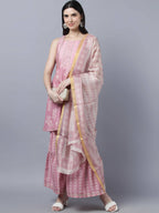 Myshka Women Peach-Coloured White Floral Printed Kurta with Sharara With Dupatta Set | Grocsy