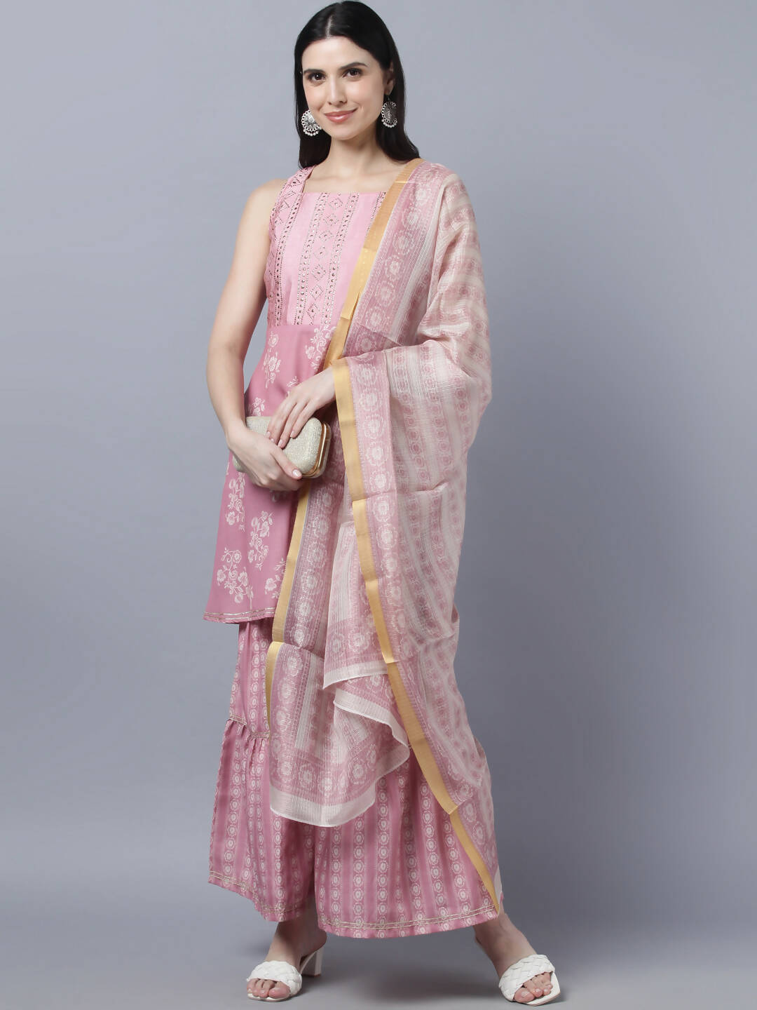 Myshka Women Peach-Coloured White Floral Printed Kurta with Sharara With Dupatta Set | Grocsy