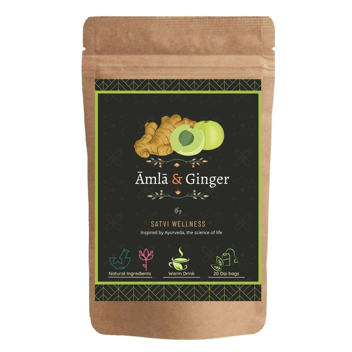 Satvi Wellness Amla Ginger Tea | Blend Of Indian Gooseberry and Ginger Tea Bags | Herbal Tea | Grocsy