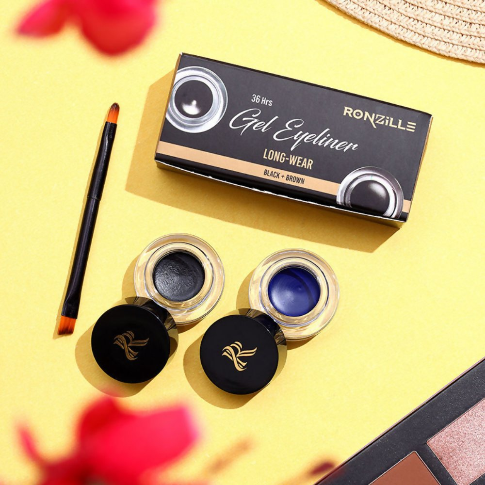 Ronzille 36Hr Waterproof And Smudge Proof Long Wear Gel Eyeliner With Brush - Black And Blue | Grocsy