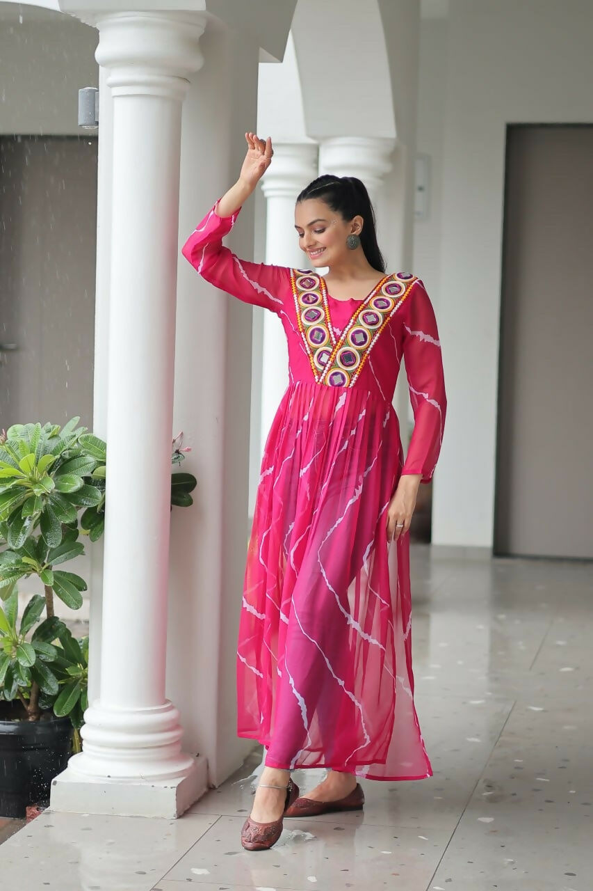 Vastranavya Pink Navratri Special Kutchi Patch Work with Leheriya Printed Kurti | Grocsy
