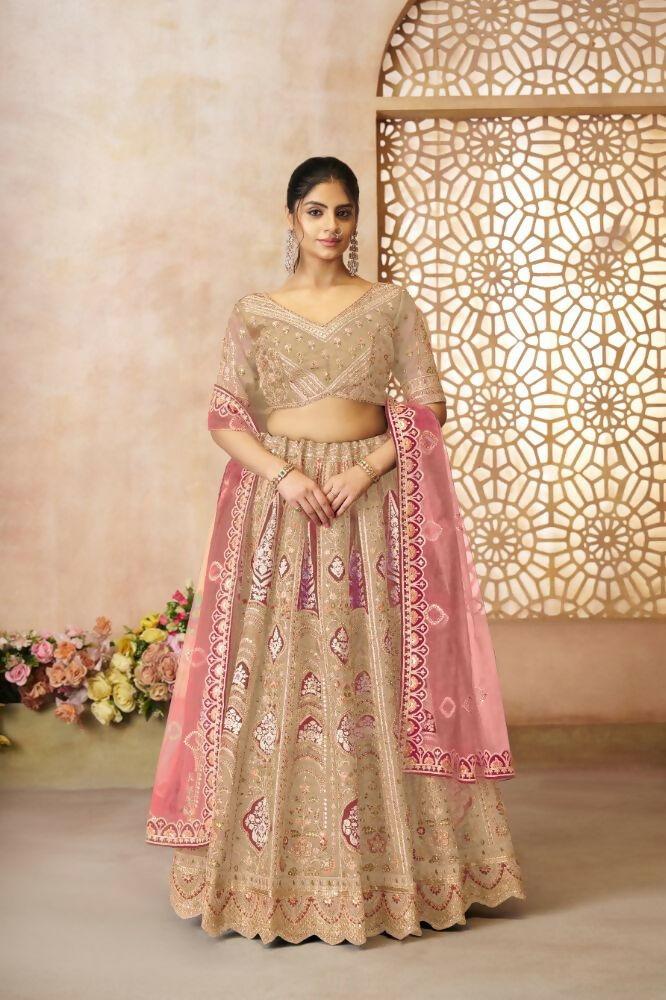 Kesar Fab Chiku Banarasi Silk Embroidered Lehenga | Grocsy