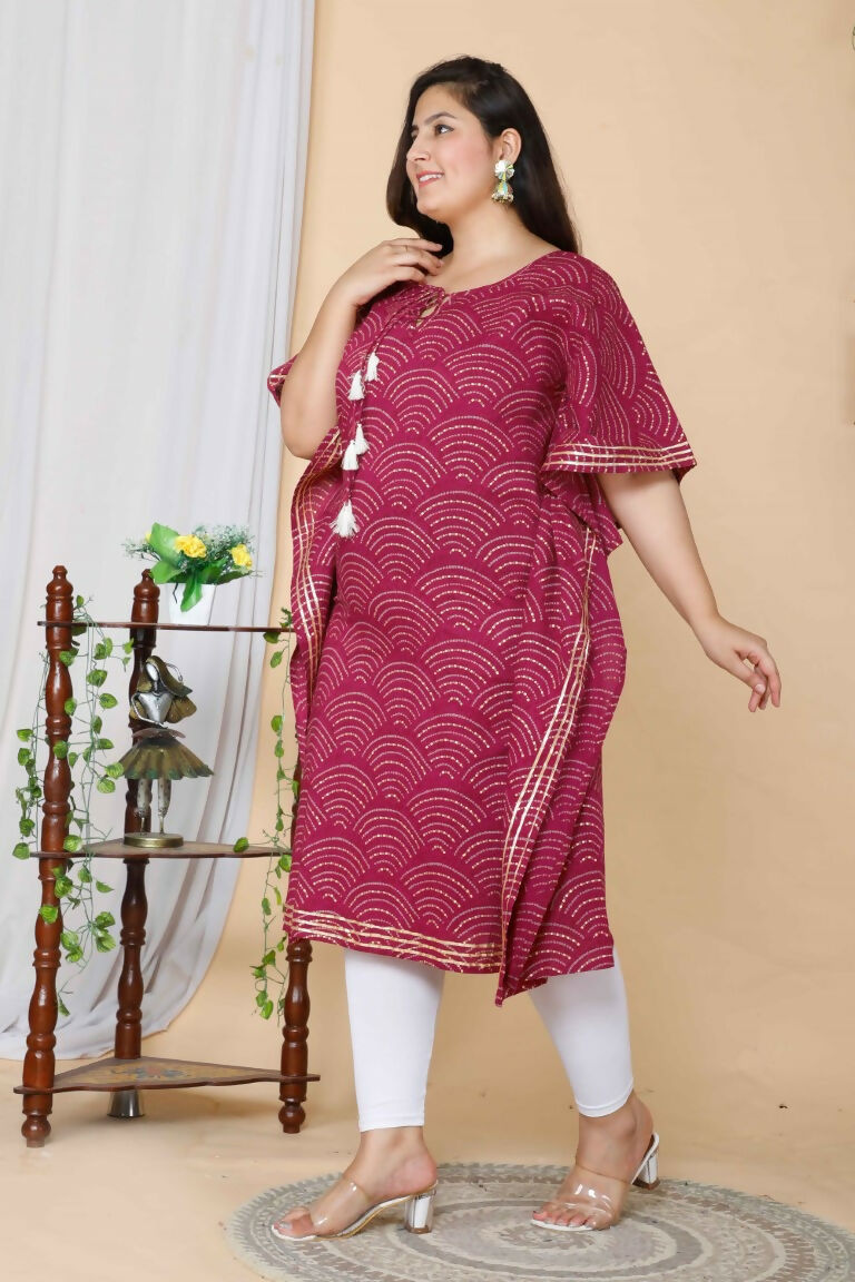 Miravan Women's Plus Size Magenta Bandhani Printed Cotton Kaftan Kurta | Grocsy