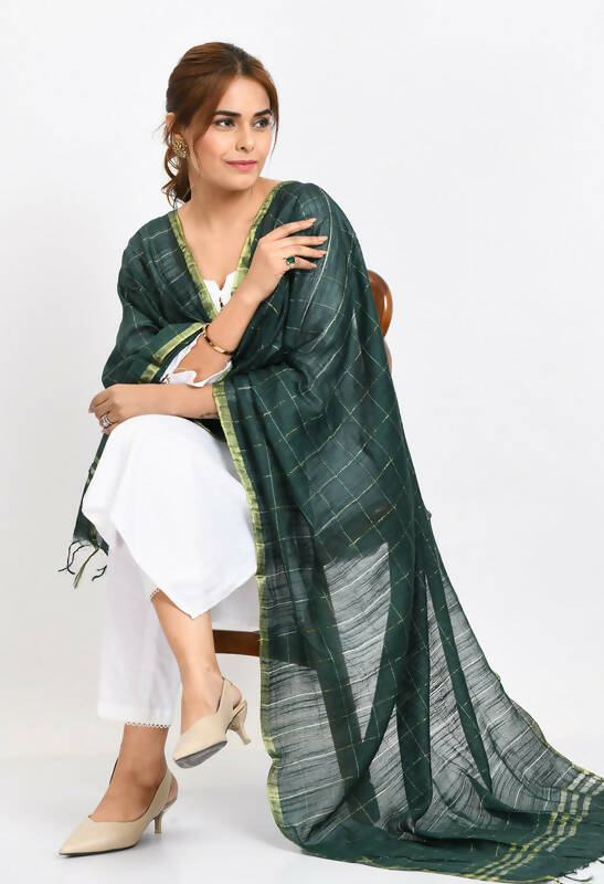 Mominos Fashion Moeza Women's Cotton Zari Box Bottle Green Dupatta | Grocsy