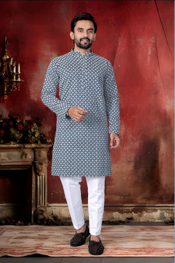 Neera Trendz Blue Cotton Thread Embroidery Men's Kurta Pajama | Grocsy