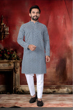Neera Trendz Blue Cotton Thread Embroidery Men's Kurta Pajama | Grocsy