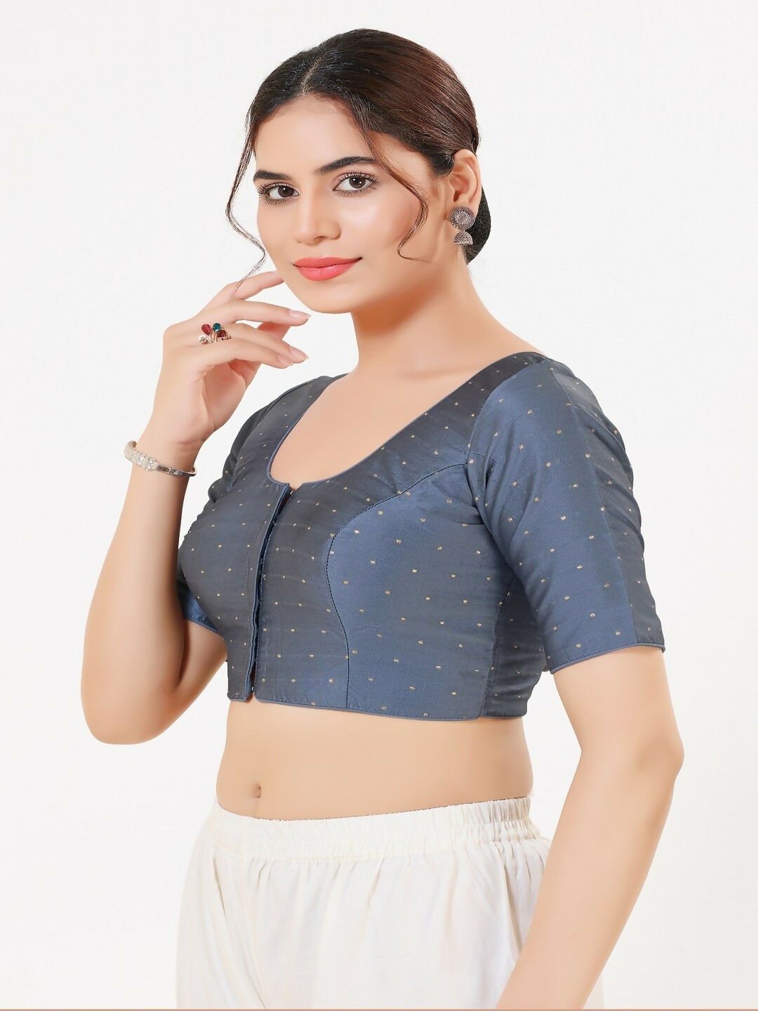 Joban Fashion Dark-Grey Taffeta Silk Elbow Sleeveless Front Open Blouse | Grocsy