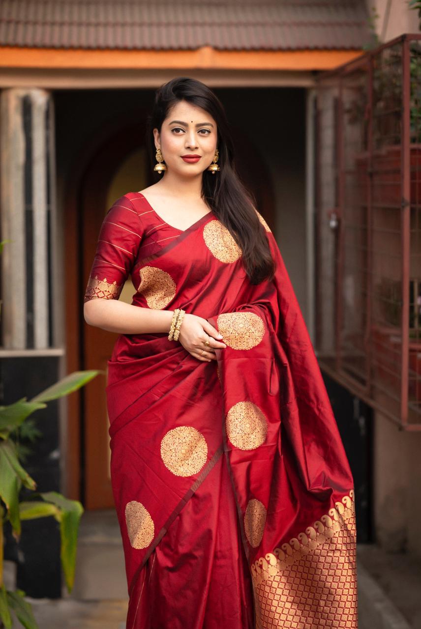 Maroon Silk Woven Saree with Unstitched Blouse - Hiral Fashion | Grocsy