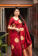 Maroon Silk Woven Saree with Unstitched Blouse - Hiral Fashion | Grocsy