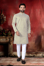 Neera Trendz Olive Cotton Thread Embroidery Men's Kurta Pajama | Grocsy