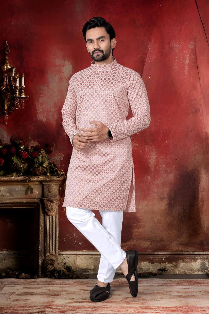Neera Trendz Peach Cotton Thread Embroidery Men's Kurta Pajama | Grocsy
