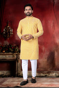 Neera Trendz Yellow Cotton Thread Embroidery Men's Kurta Pajama | Grocsy