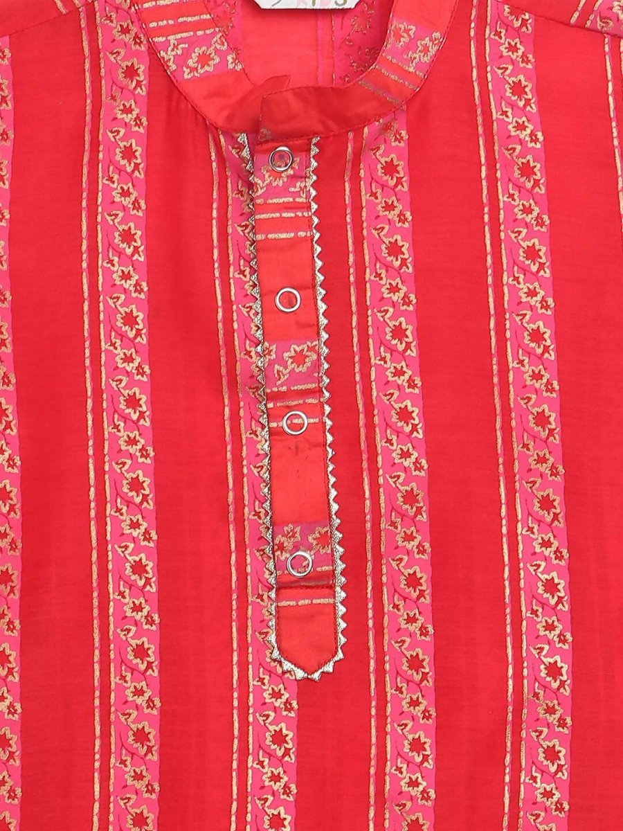Ahalyaa Red Chanderi Khari Print Kids Kurta Churidar Set For Boys | Grocsy