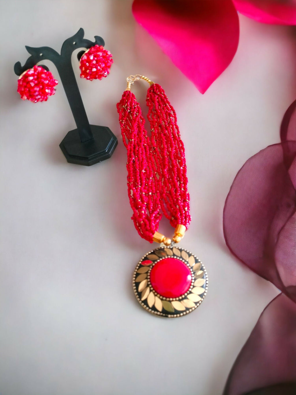 Inhanns All-Day Statement Beaded Necklace Set - Red | Grocsy