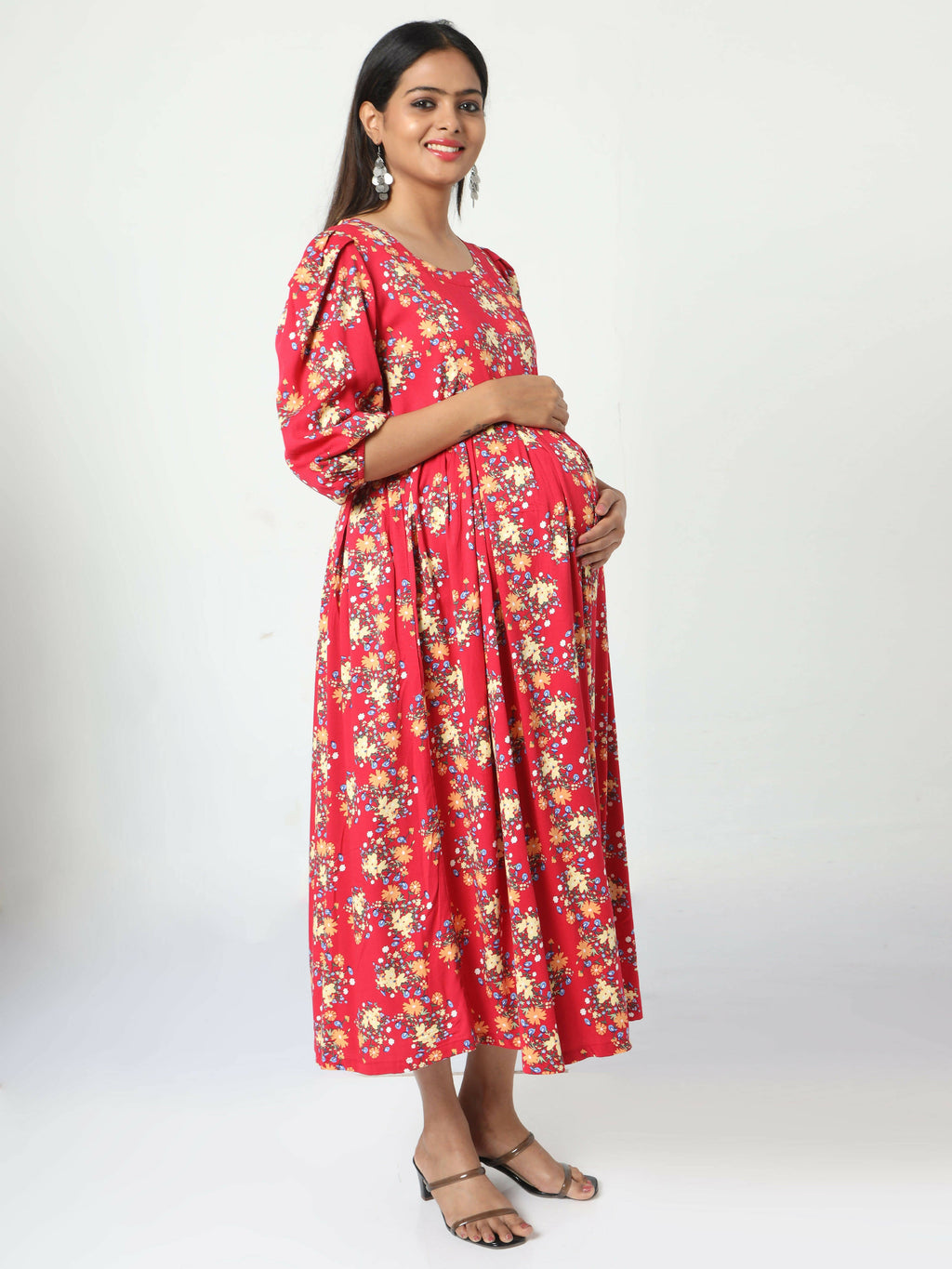 Manet Three Fourth Maternity Dress Floral Print With Concealed Zipper Nursing Access - Red | Grocsy