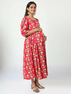 Manet Three Fourth Maternity Dress Floral Print With Concealed Zipper Nursing Access - Red | Grocsy