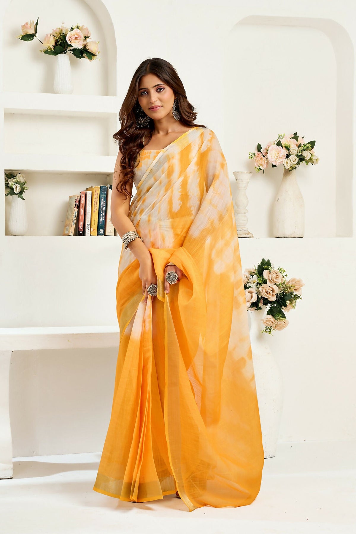 Vastranavya Yellow White Digital Printed Linen Ready To Wear Designer Saree with Unstitched Blouse | Grocsy