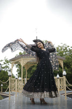 Aayaa Designer Embroidery Zari Sequins-Work Faux Blooming Georgette Suit - Black | Grocsy