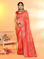 Joban Fashion Peach & Red Plain With Weaving Border Banarasi Silk Sarees | Grocsy