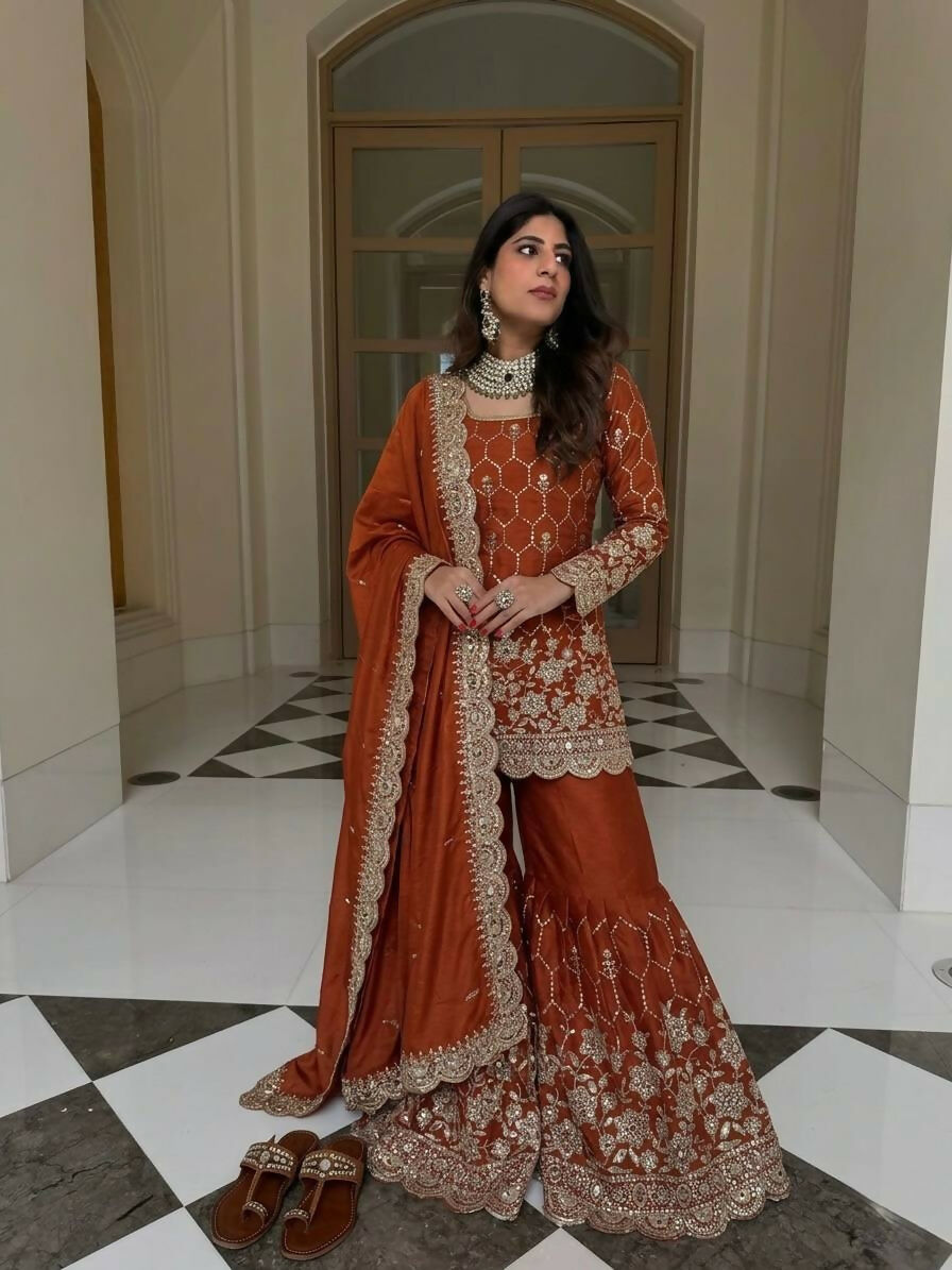 Teeya Creation New Trendy Latest Designer Embroidery Sharara Kurta Set -Orange | Grocsy