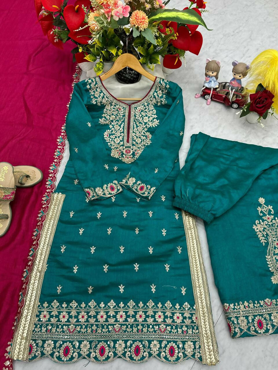 Teeya Creation Womens New Wedding Wear Heavy Embroidery Thread Work Teal Kurta Set | Grocsy