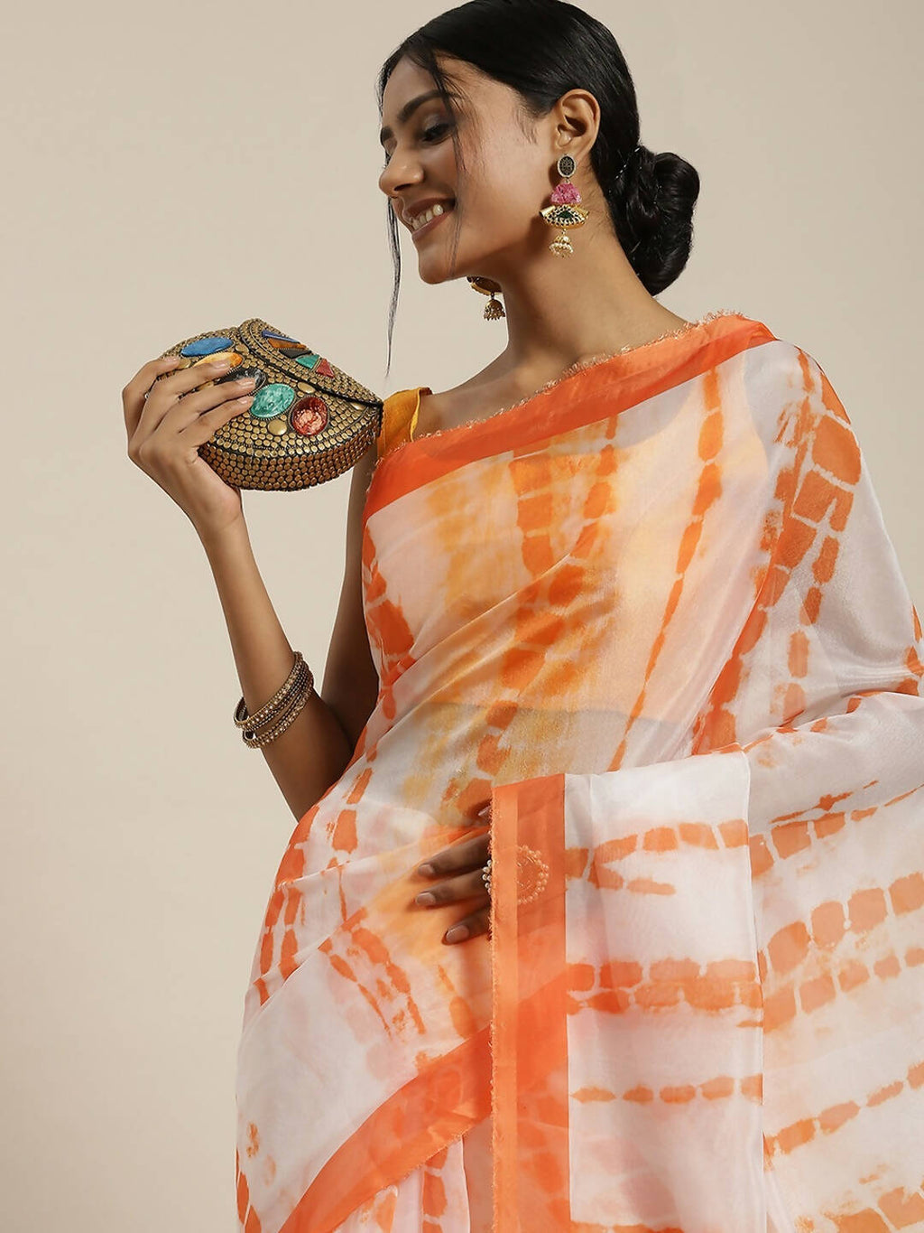 Orange Organza Printed Saree With Blouse Piece - Nivaa | Grocsy