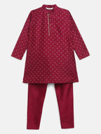 Ahalyaa Boys Wine Poly Silk Gold Printed Kids Kurta Churidar Set | Grocsy