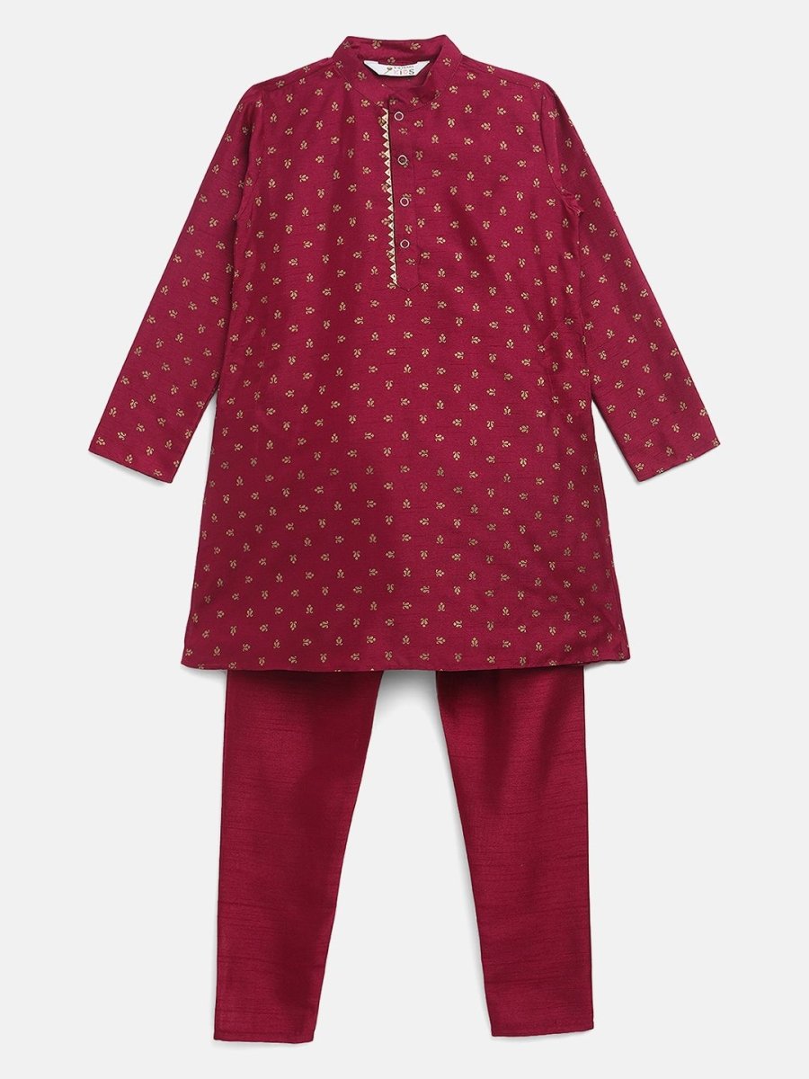 Ahalyaa Boys Wine Poly Silk Gold Printed Kids Kurta Churidar Set | Grocsy