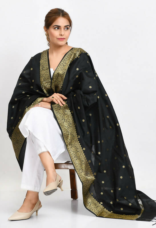 Mominos Fashion Moeza Women's Banarsi Silk Woven Design Black Dupatta | Grocsy