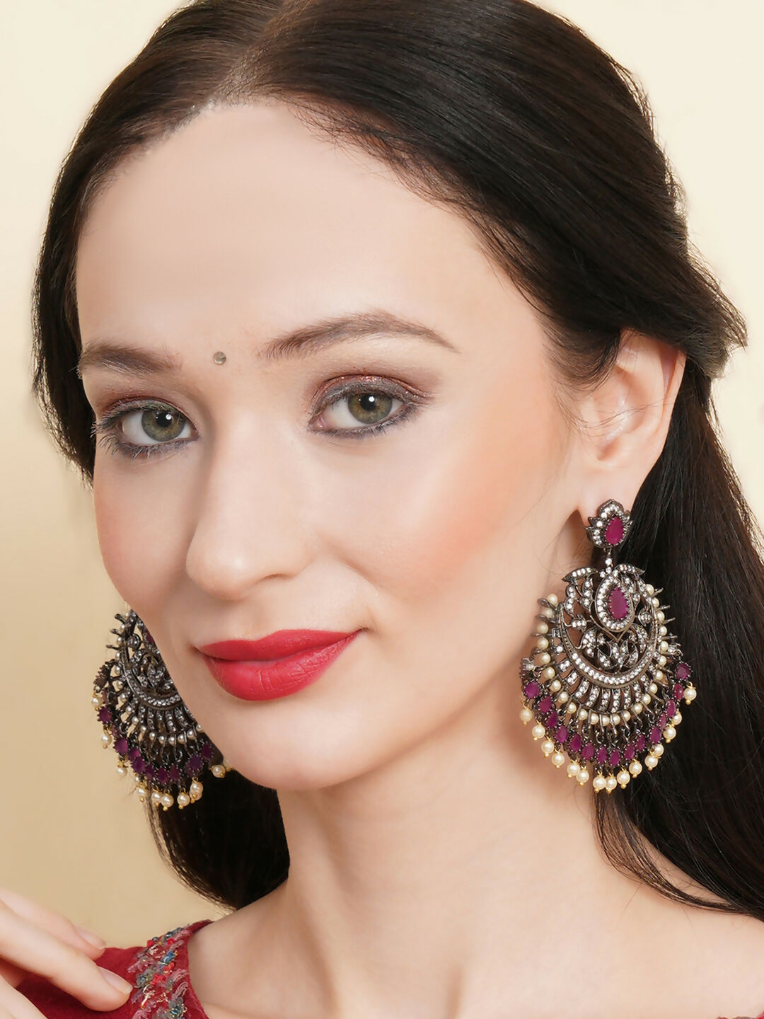 Maroon Silver Plated Earrings- Ruby Raang | Grocsy