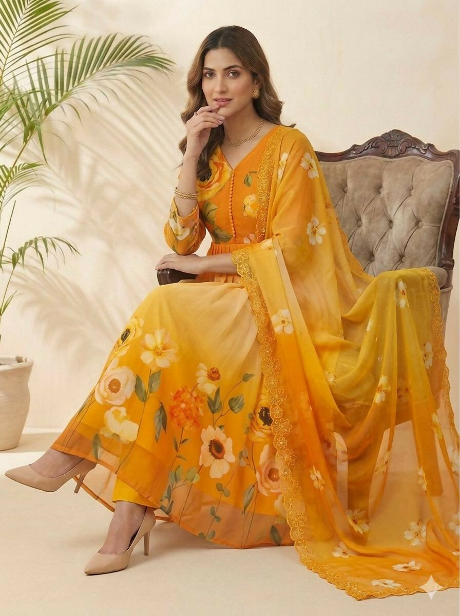 Teeya Creation Womens New Fancy Fox Georgette Heavy Quality Fabric With Handwork Yellow Gown Set | Grocsy