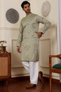 Pista Viscose Woven Jacquard Work Men's Rajwadi Kurta Set - Mahotsav | Grocsy