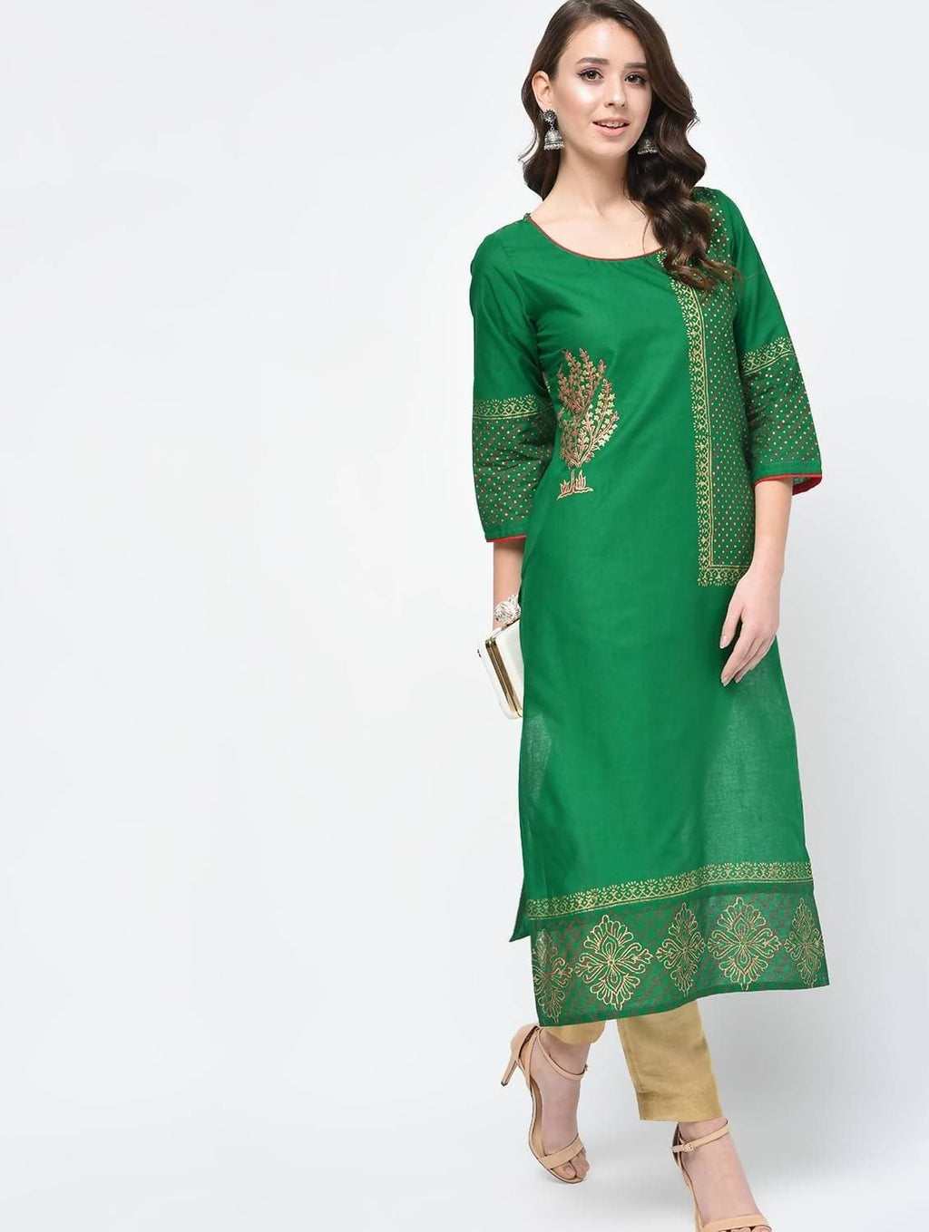 Cheera Hand Block Print Green Color Straight Kurta | Grocsy
