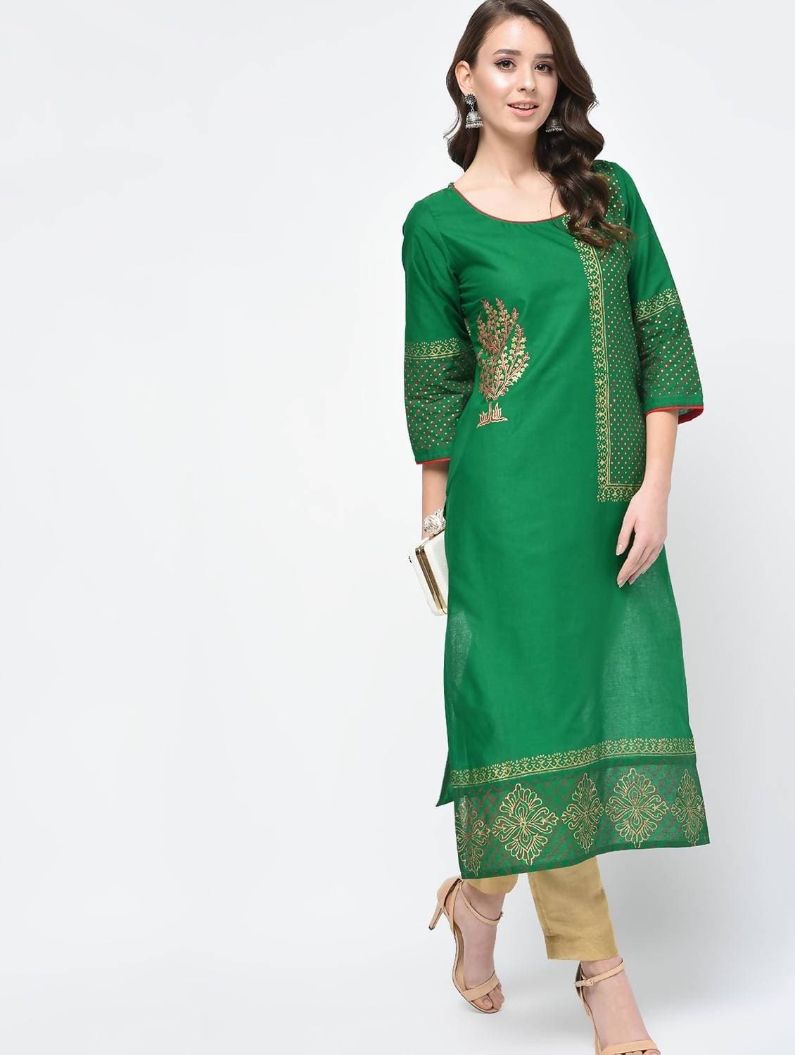 Cheera Hand Block Print Green Color Straight Kurta | Grocsy