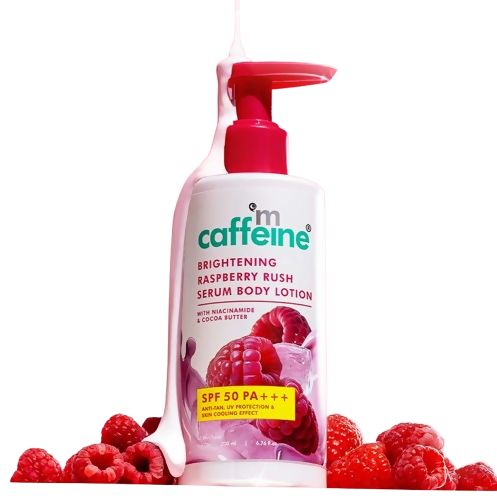 mCaffeine Brightening Raspberry Rush Serum Body Lotion SPF 50 PA+++ | Grocsy