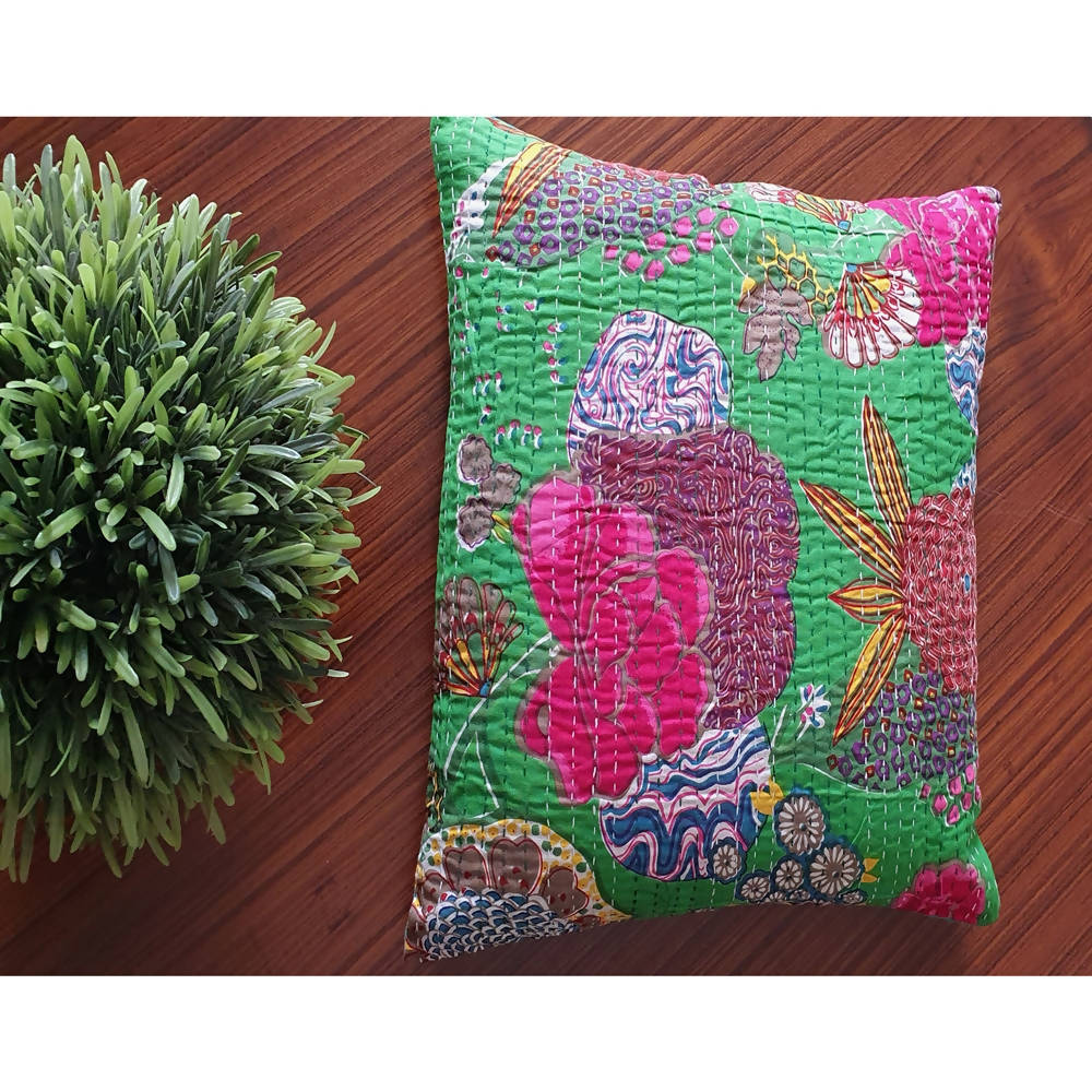 The Decor Nook Parrot Green Base With Multicolour Flowers Print Cushion Cover | Grocsy