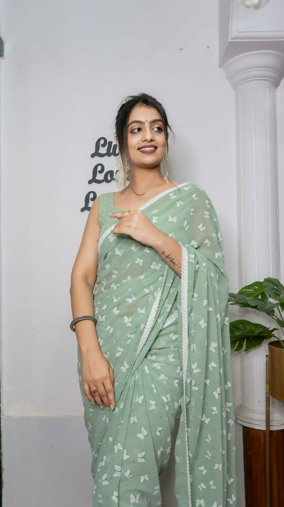 Vamsee Patangiyu Pista Green Georgette Saree | Grocsy